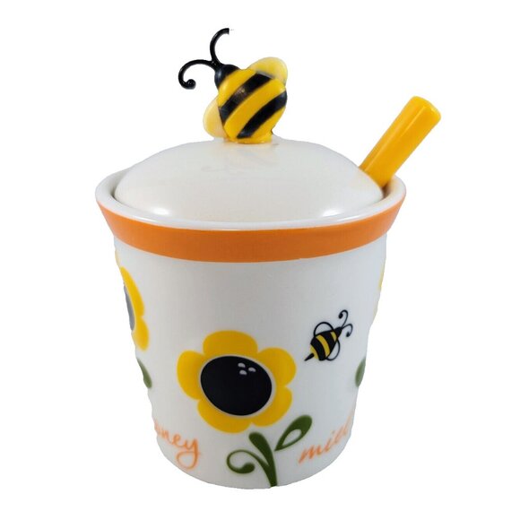 Sunflower Honey Pot Jar Bee Joie Ceramic Dipper White Yellow Flower Miel Read - Picture 1 of 11
